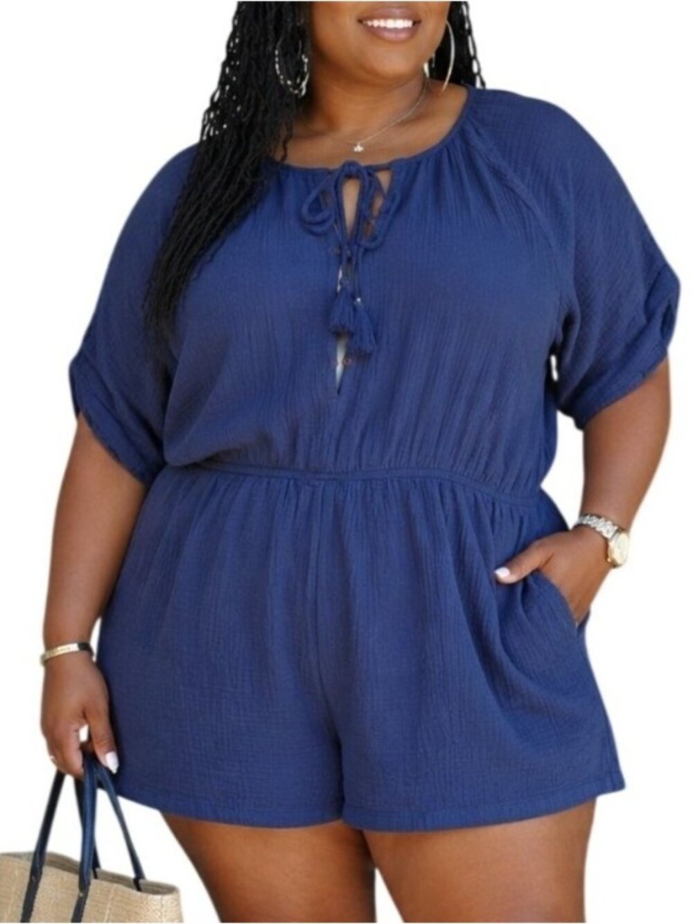 Knox Rose Size XL Romper Navy Boho-Style Textured Fabric Tassel Neck Stylish